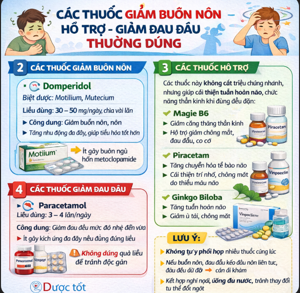Giảm buồn nôn - Hỗ trợ - Giảm đau đầu thường dùng